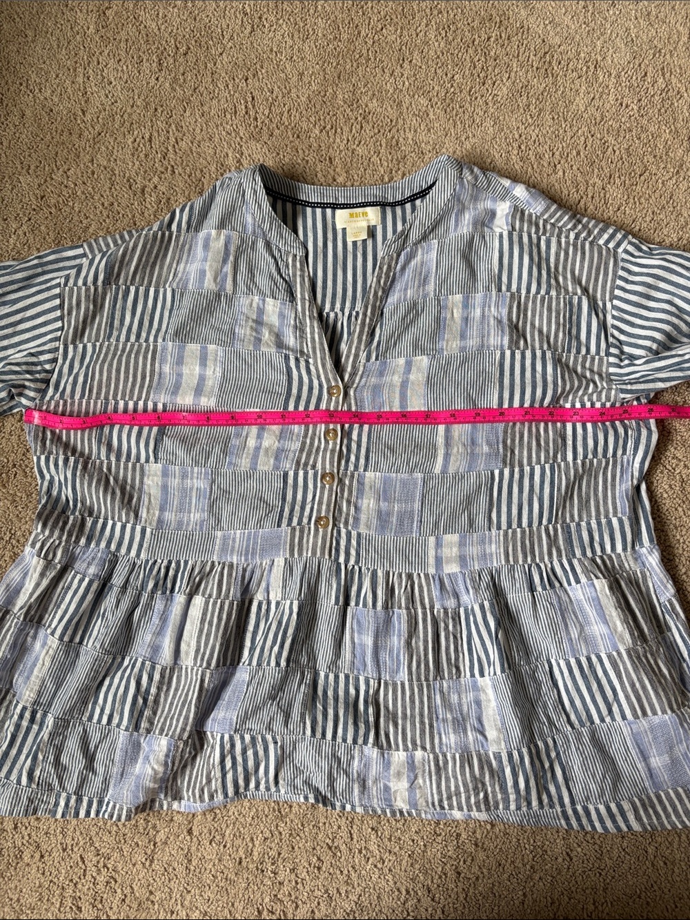 Anthropologie Blue and White Patchwork Stripe Button V-Neck Blouse - Picture 5 of 5